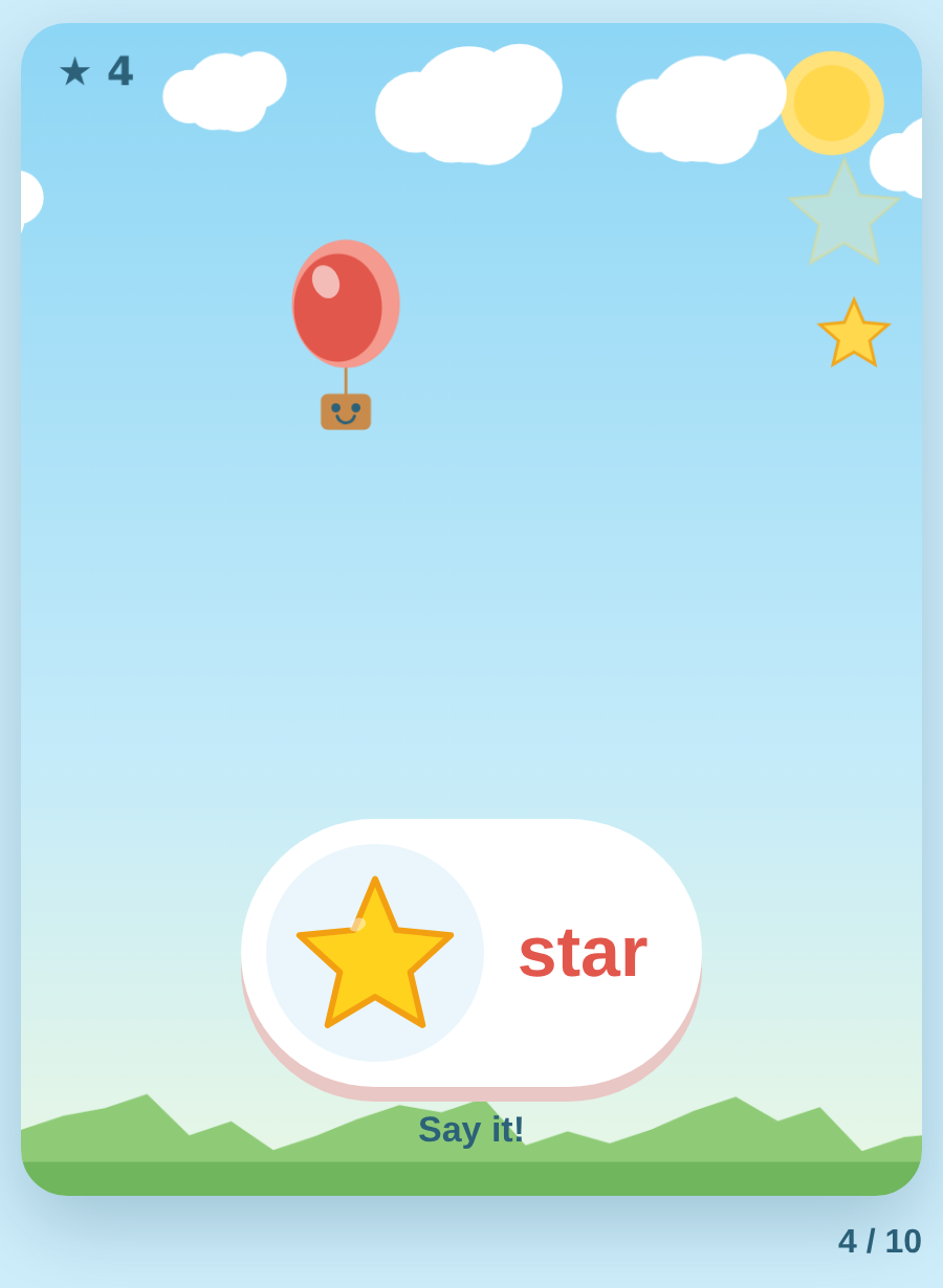A balloon carrying a chick up past the clouds after its word was said, with the next word waiting below.