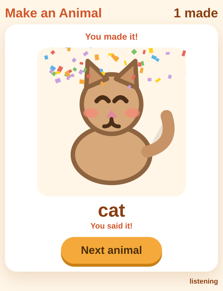 An animal drawn whole with confetti over it after a child named it, and a button waiting for the next one.