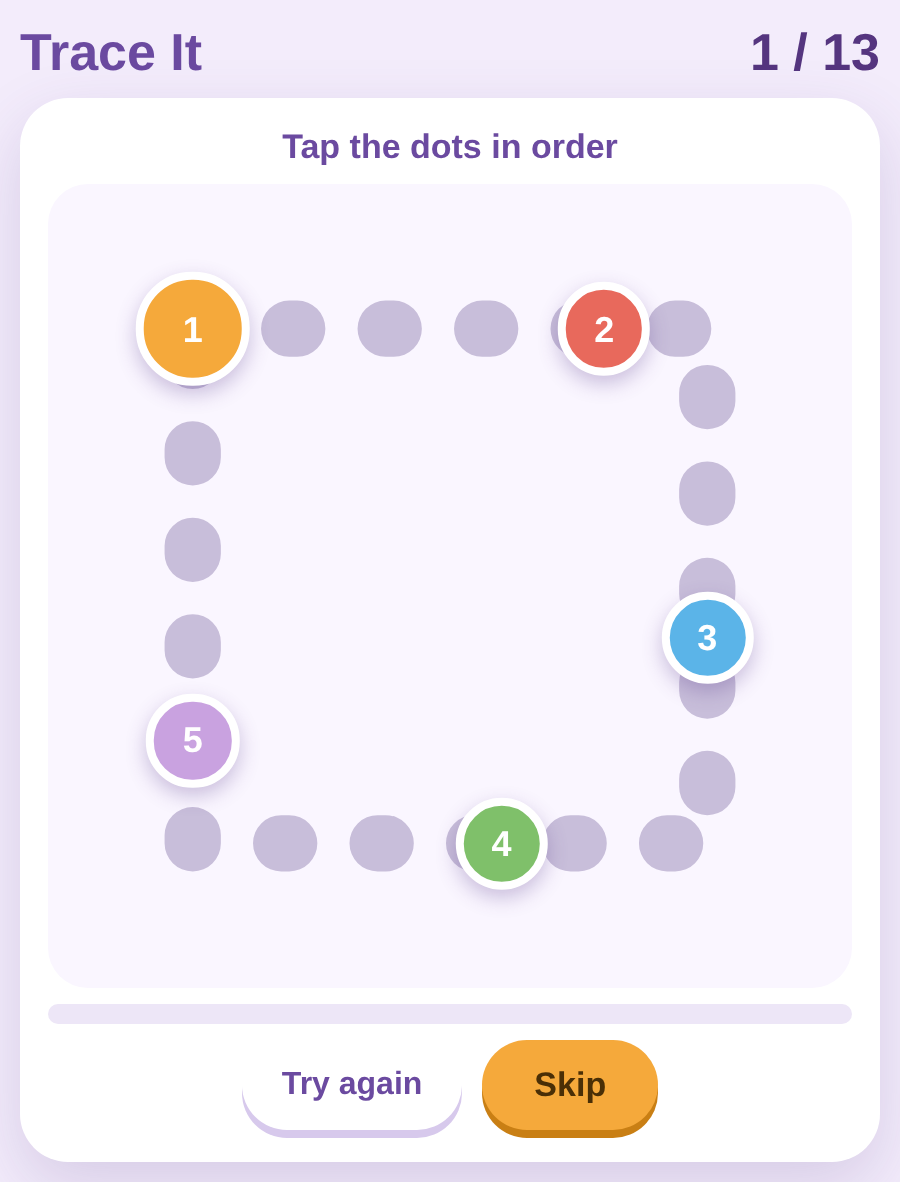 A shape drawn as a path of dots, with the first few numbered in the order they are tapped, the rest waiting, and a progress bar underneath.